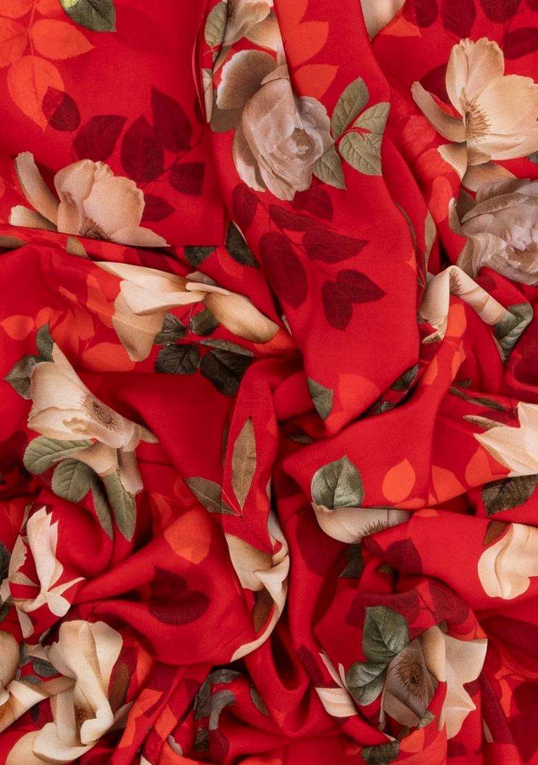 Red Woven Crepe Silk Saree With Printed Floral Motifs For Women - Indya