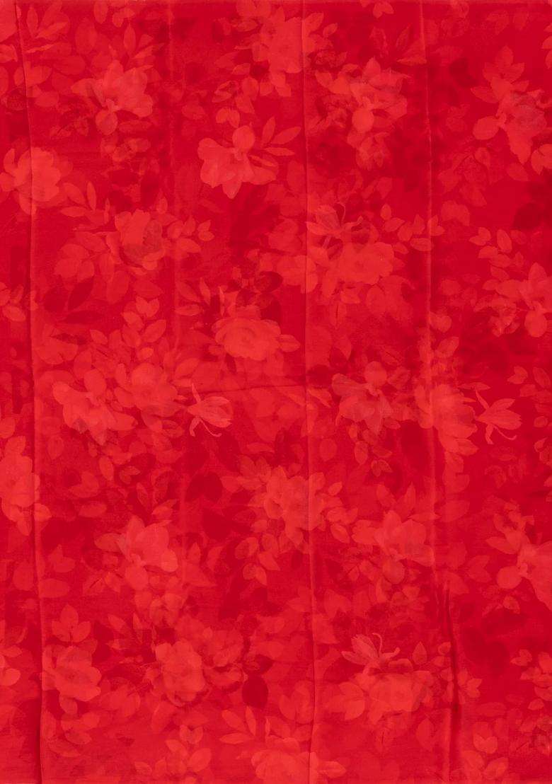 Red Woven Crepe Silk Saree With Printed Floral Motifs For Women - Indya