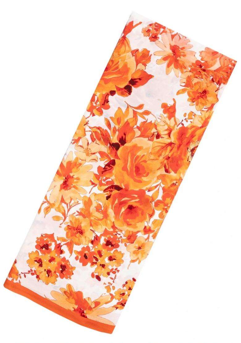 Orange Pink Woven Crepe Silk Saree With Printed Floral Motifs For Women - Indya