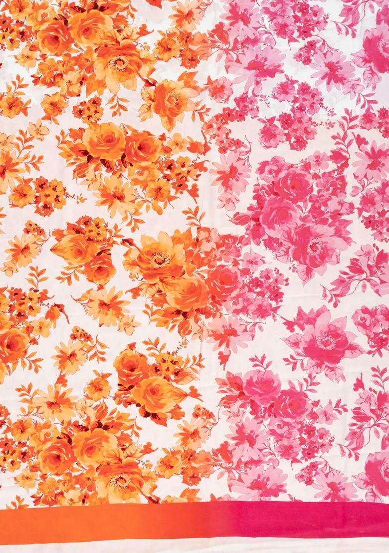 Orange Pink Woven Crepe Silk Saree With Printed Floral Motifs For Women - Indya