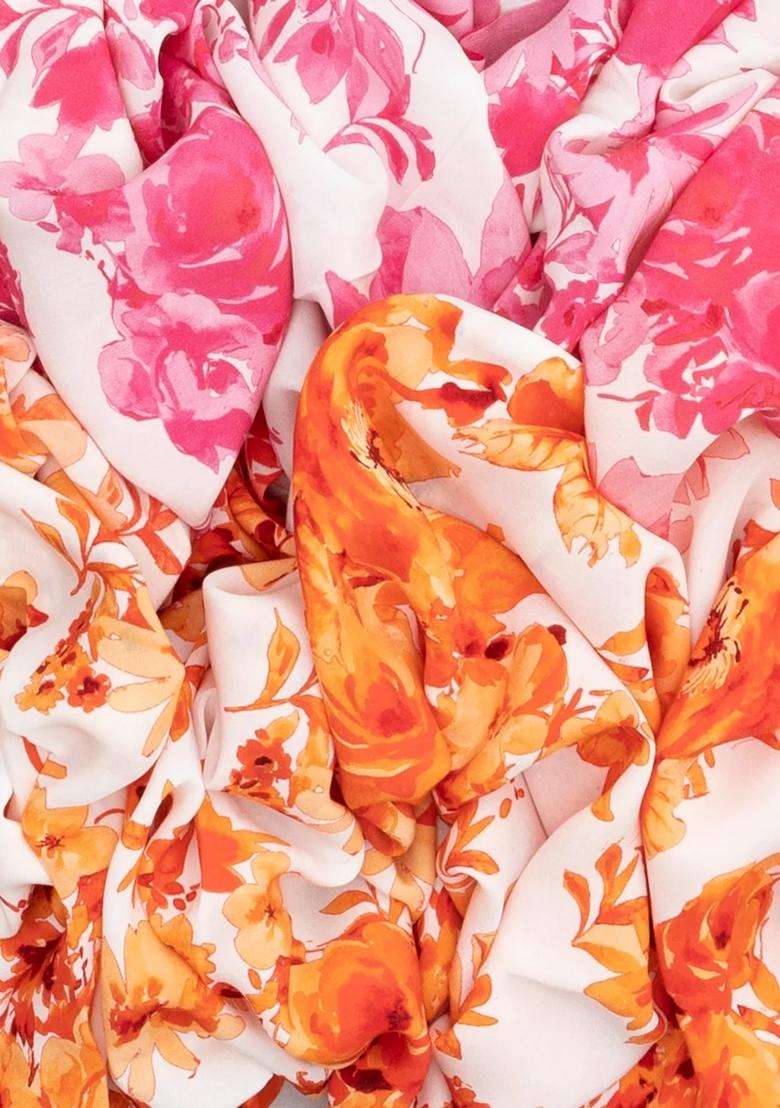 Orange Pink Woven Crepe Silk Saree With Printed Floral Motifs For Women - Indya