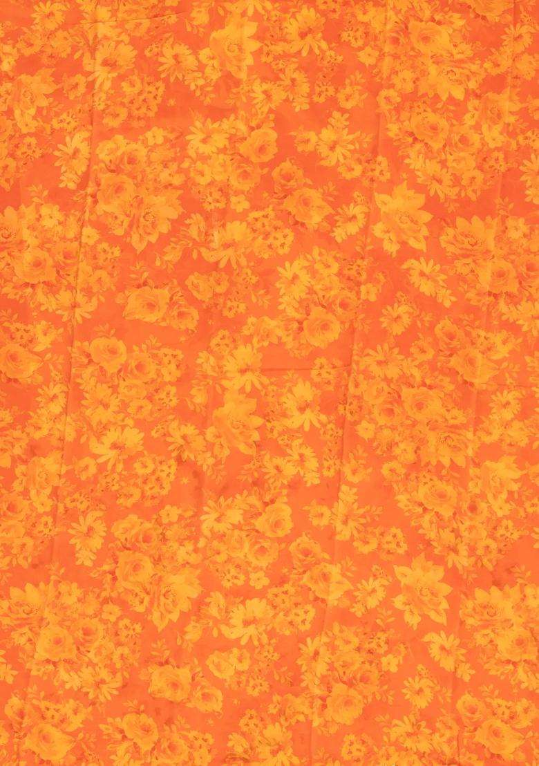 Orange Pink Woven Crepe Silk Saree With Printed Floral Motifs For Women - Indya