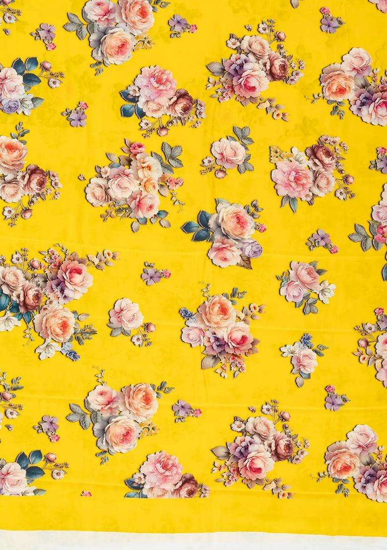 Yellow Woven Crepe Silk Saree With Printed Floral Motifs For Women - Indya