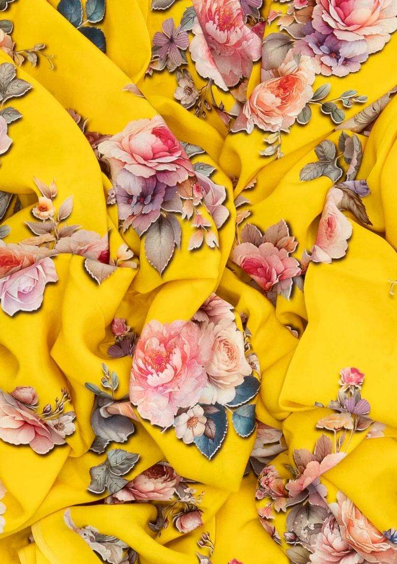 Yellow Woven Crepe Silk Saree With Printed Floral Motifs For Women - Indya