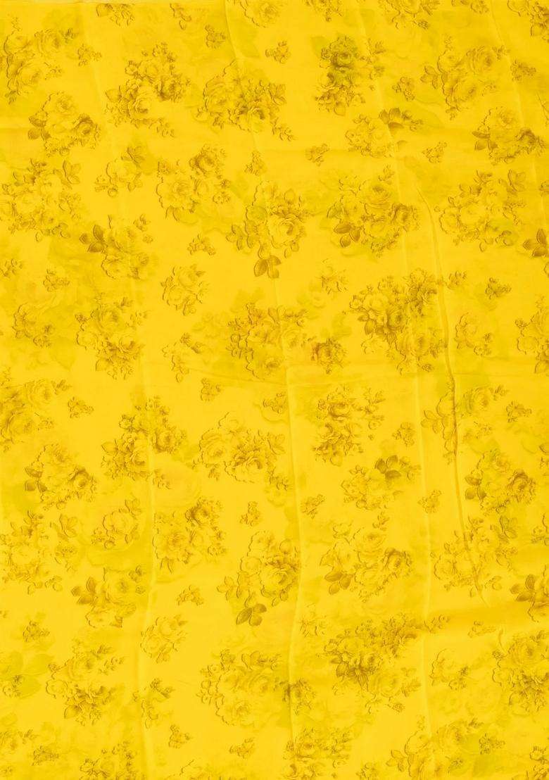 Yellow Woven Crepe Silk Saree With Printed Floral Motifs For Women - Indya