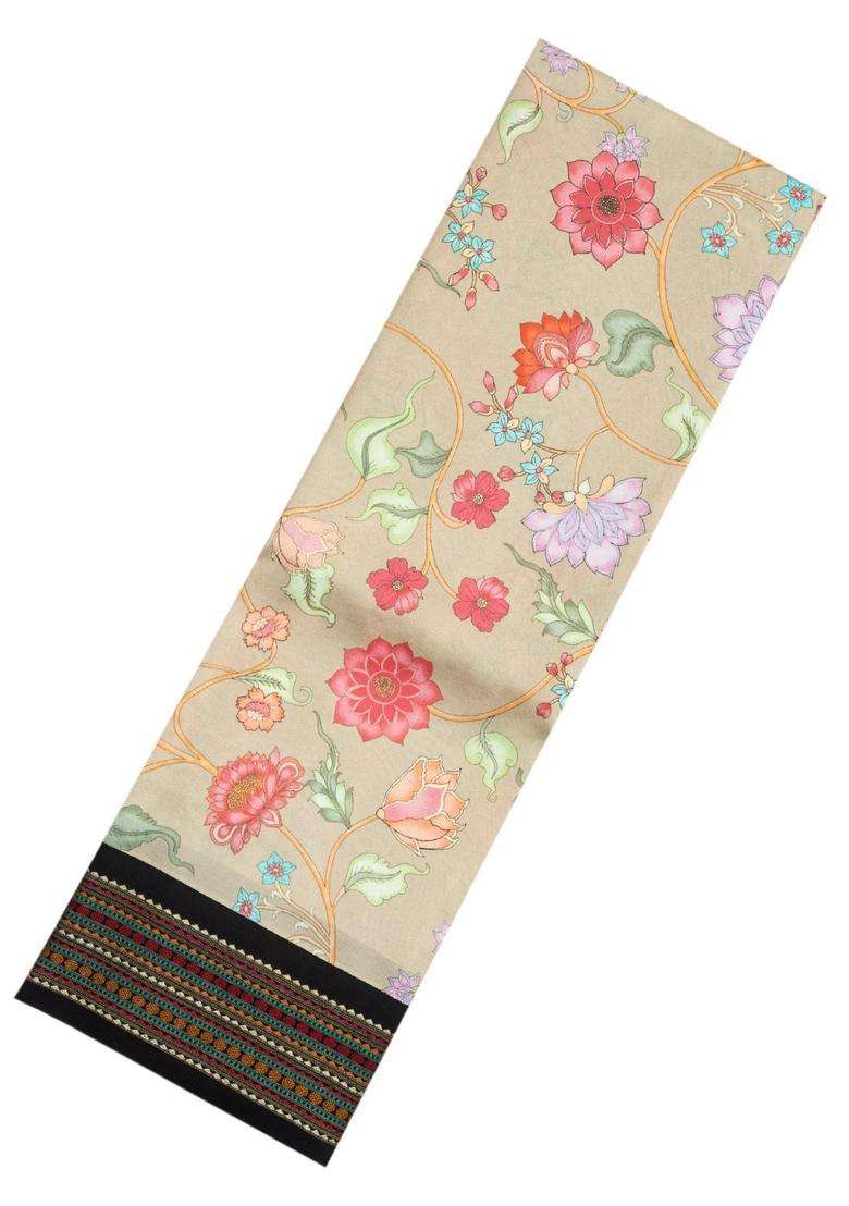 Taupe Handloom Silk Saree With Printed Floral Motifs Contrast Border For Women - Indya