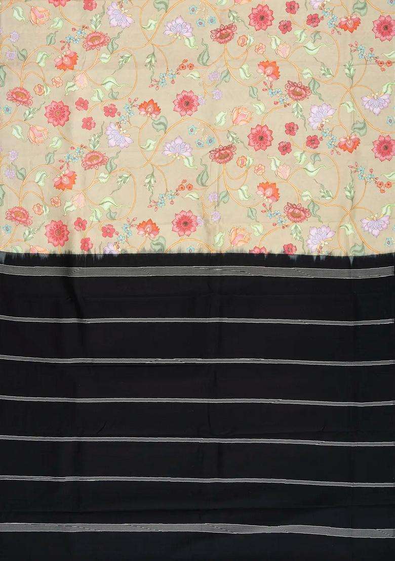 Taupe Handloom Silk Saree With Printed Floral Motifs Contrast Border For Women - Indya