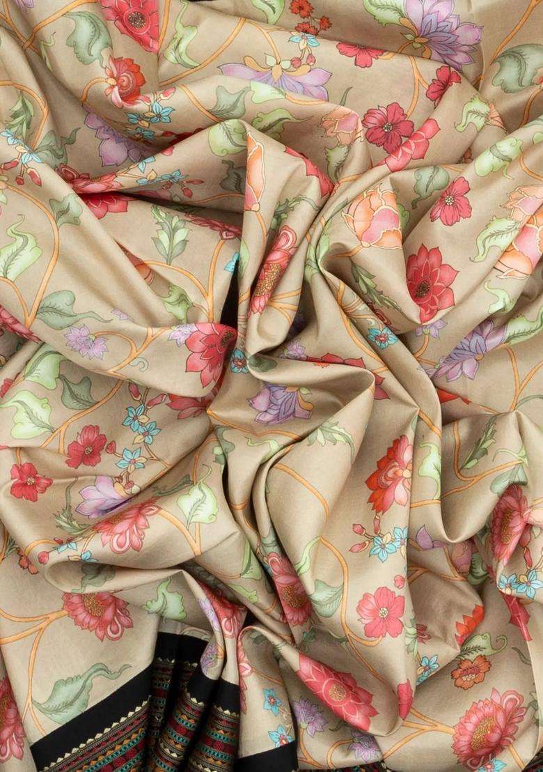 Taupe Handloom Silk Saree With Printed Floral Motifs Contrast Border For Women - Indya