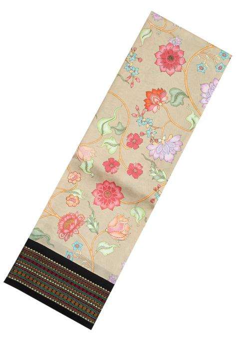 Taupe Handloom Silk Saree With Printed Floral Motifs Contrast Border For Women