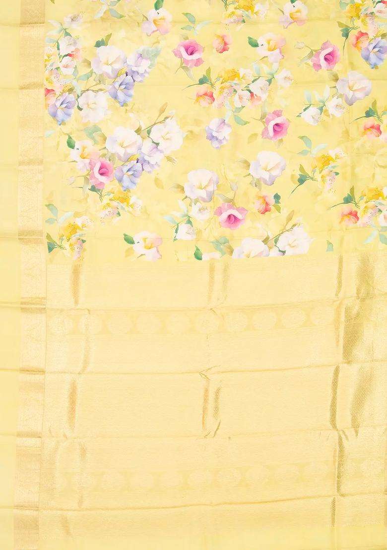 Light Yellow Handloom Silk Saree With Printed Floral Motifs Zari Border For Women - Indya