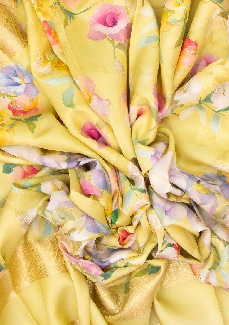 Light Yellow Handloom Silk Saree With Printed Floral Motifs Zari Border For Women - Indya