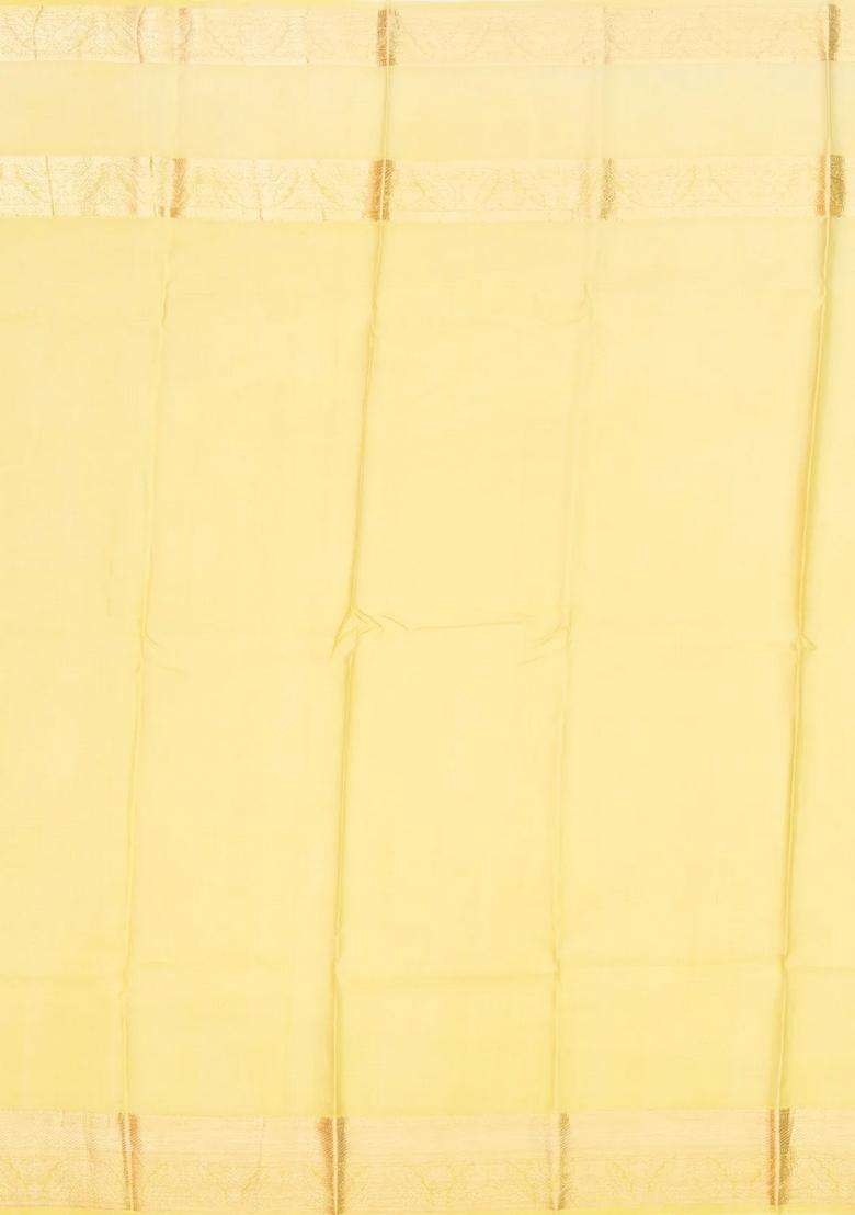 Light Yellow Handloom Silk Saree With Printed Floral Motifs Zari Border For Women - Indya