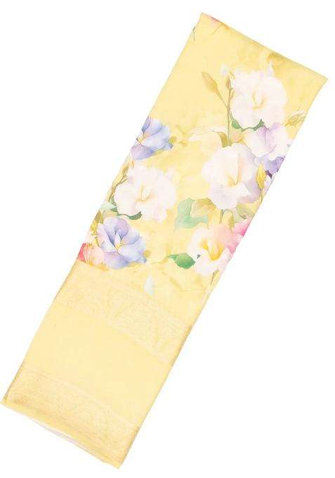 Light Yellow Handloom Silk Saree With Printed Floral Motifs Zari Border For Women