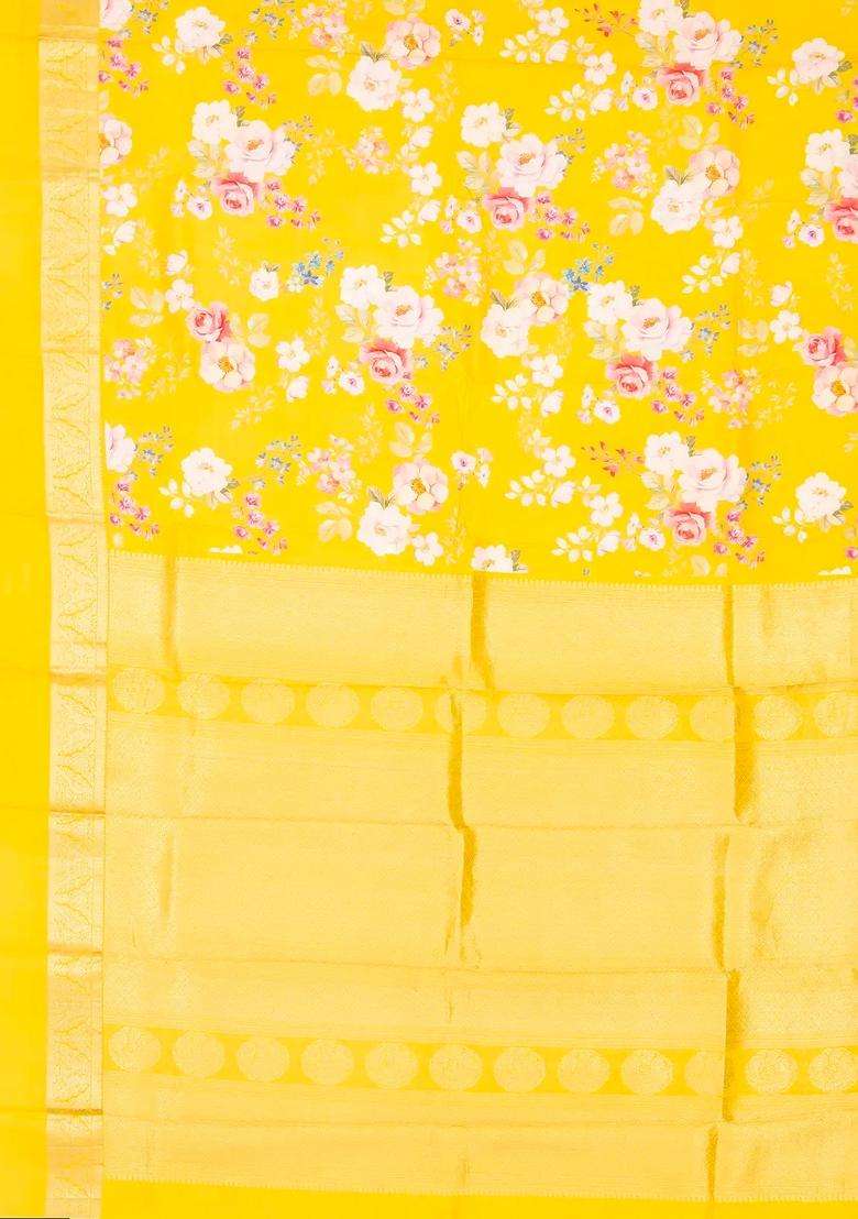Yellow Handloom Silk Saree With Printed Floral Motifs Zari Border For Women - Indya