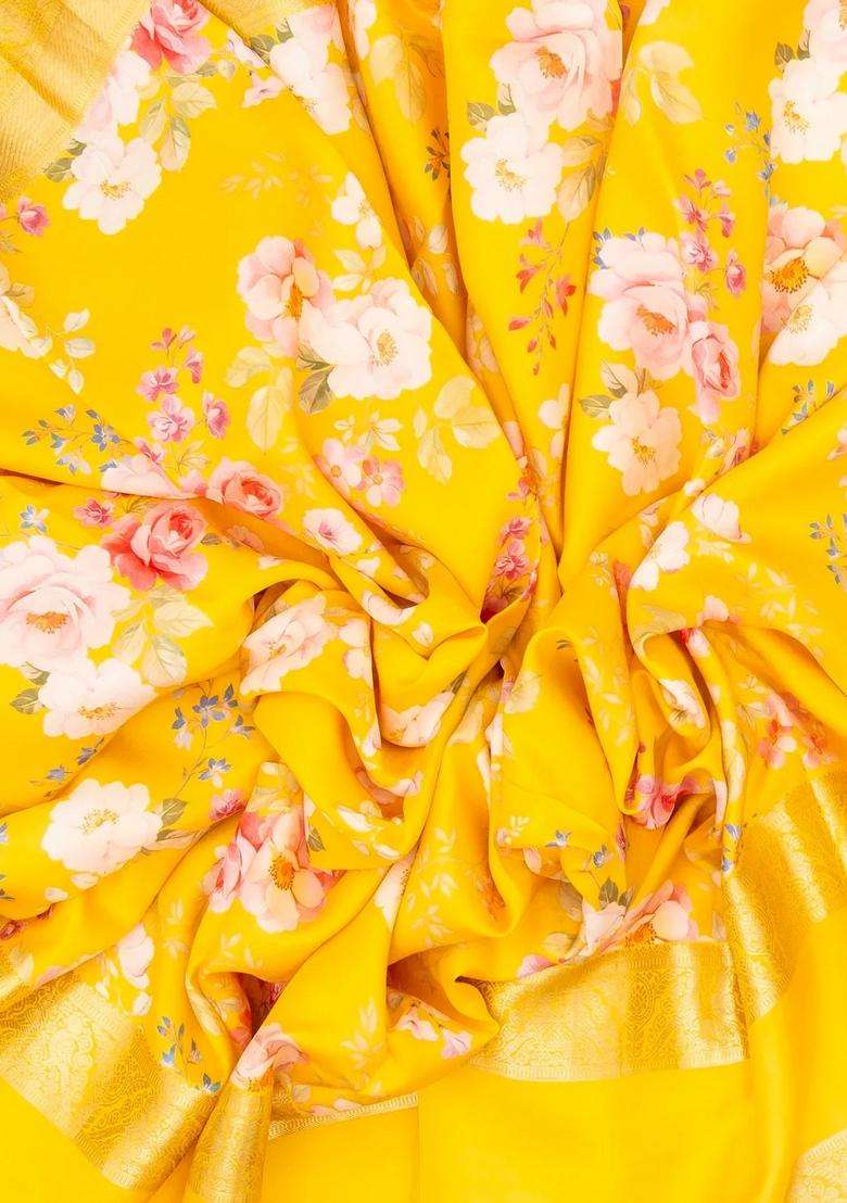 Yellow Handloom Silk Saree With Printed Floral Motifs Zari Border For Women - Indya