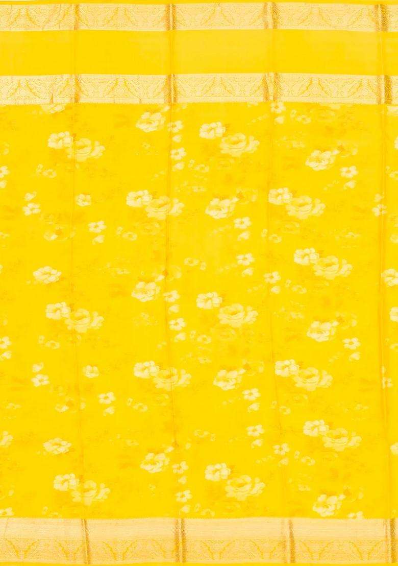 Yellow Handloom Silk Saree With Printed Floral Motifs Zari Border For Women - Indya