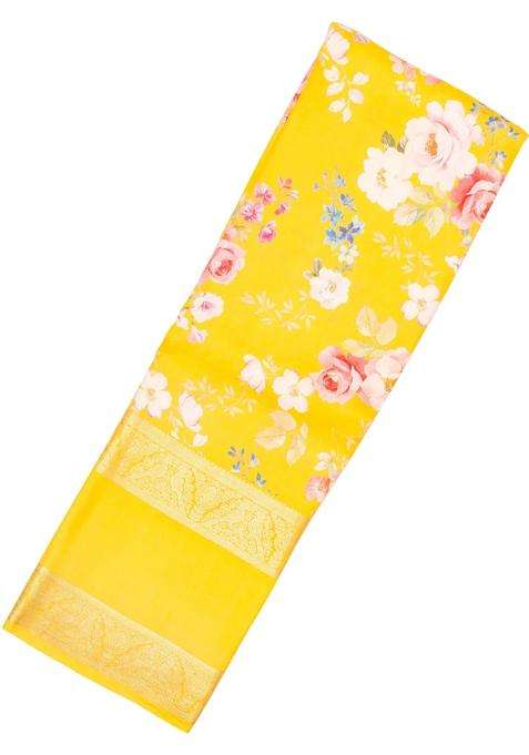 Yellow Handloom Silk Saree With Printed Floral Motifs Zari Border For Women