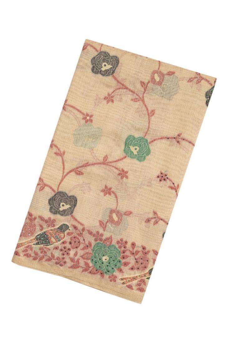 Beige Woven Blended Cotton Saree With Printed Bird Motifs For Women - Indya