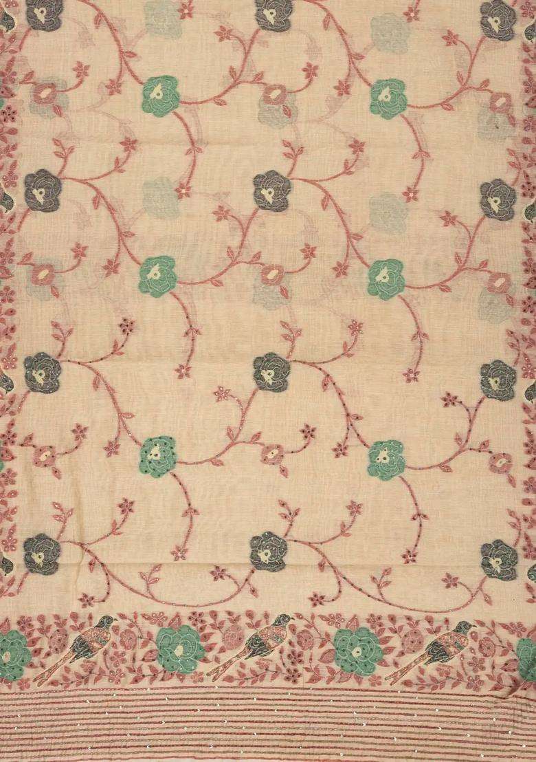 Beige Woven Blended Cotton Saree With Printed Bird Motifs For Women - Indya