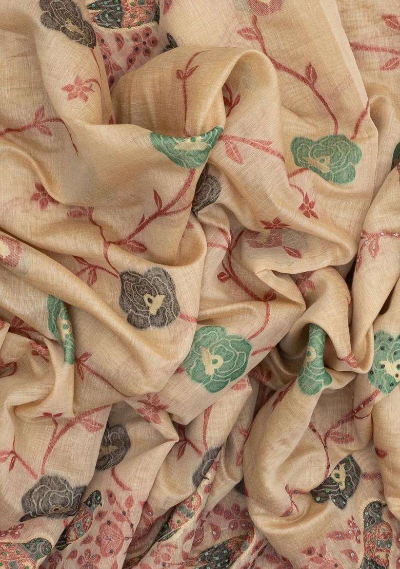Beige Woven Blended Cotton Saree With Printed Bird Motifs For Women - Indya
