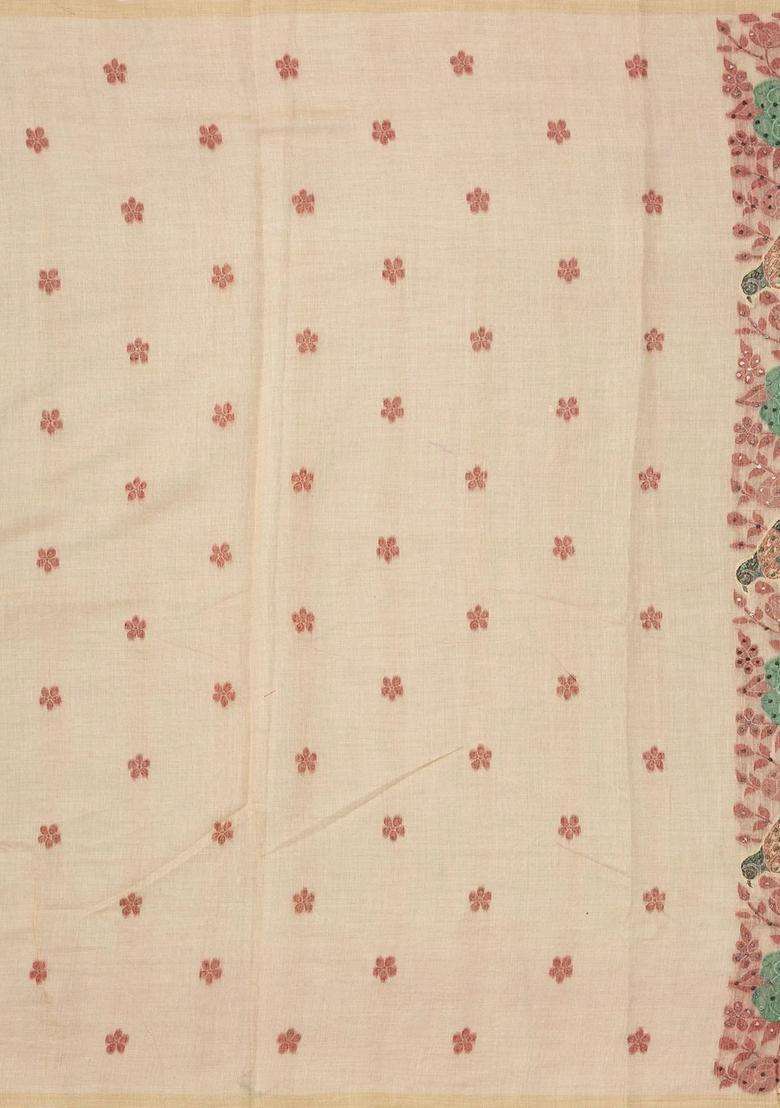 Beige Woven Blended Cotton Saree With Printed Bird Motifs For Women - Indya