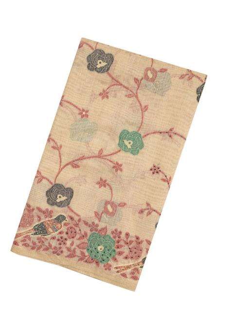 Beige Woven Blended Cotton Saree With Printed Bird Motifs For Women