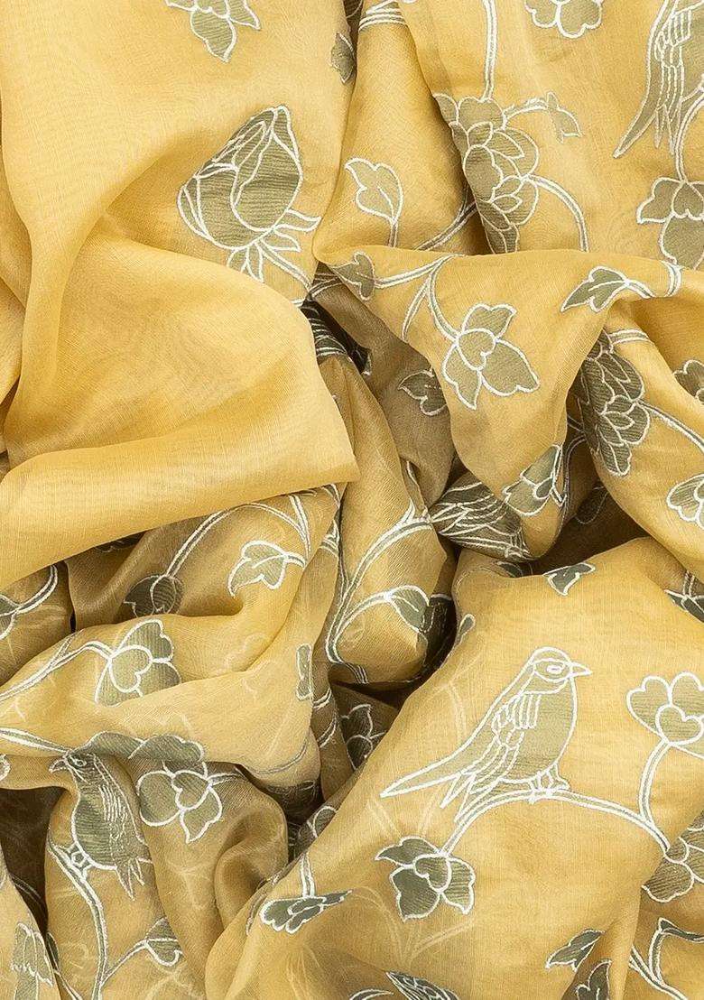 Sandal Woven Blended Linen Saree With Embroidered Bird Motifs For Women - Indya