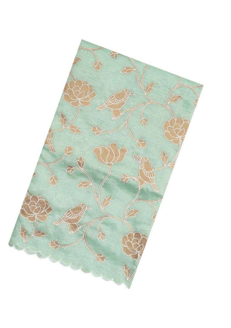 Aquamarine Woven Blended Linen Saree With Embroidered Bird Motifs For Women - Indya