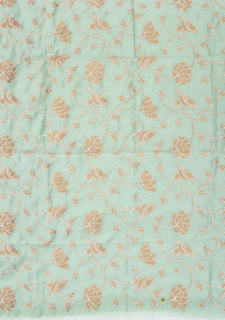 Aquamarine Woven Blended Linen Saree With Embroidered Bird Motifs For Women - Indya