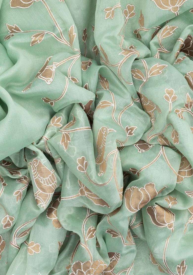 Aquamarine Woven Blended Linen Saree With Embroidered Bird Motifs For Women - Indya