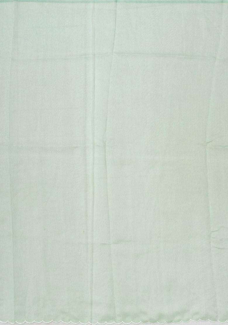 Aquamarine Woven Blended Linen Saree With Embroidered Bird Motifs For Women - Indya