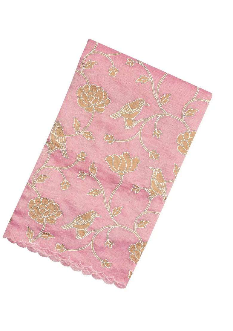 Bubblegum Pink Woven Blended Linen Saree With Embroidered Bird Motifs For Women - Indya