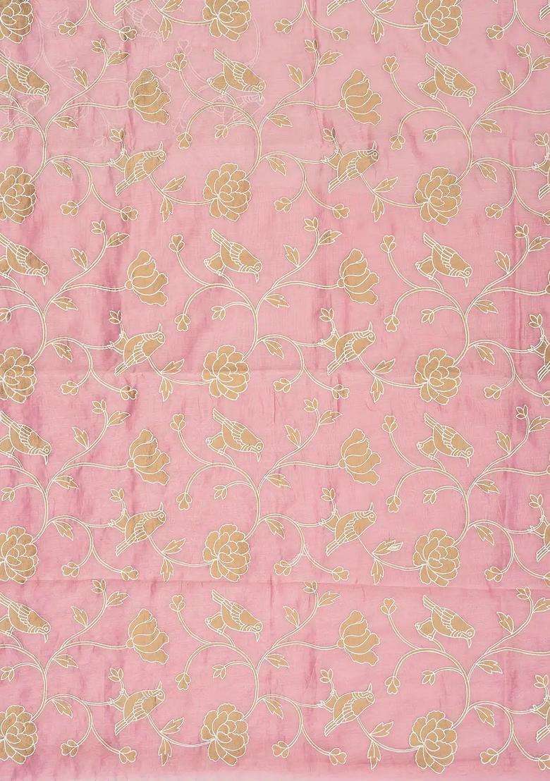 Bubblegum Pink Woven Blended Linen Saree With Embroidered Bird Motifs For Women - Indya