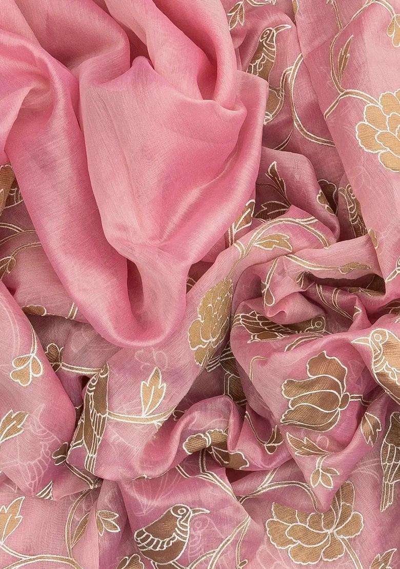 Bubblegum Pink Woven Blended Linen Saree With Embroidered Bird Motifs For Women - Indya