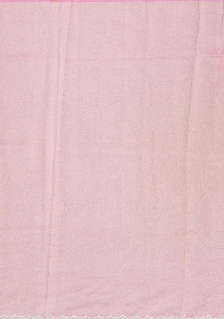 Bubblegum Pink Woven Blended Linen Saree With Embroidered Bird Motifs For Women - Indya