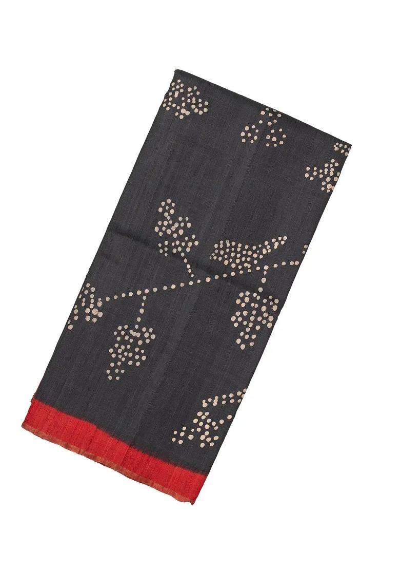 Black Handloom Tussar Silk Saree With Printed Shibori Motifs For Women - Indya