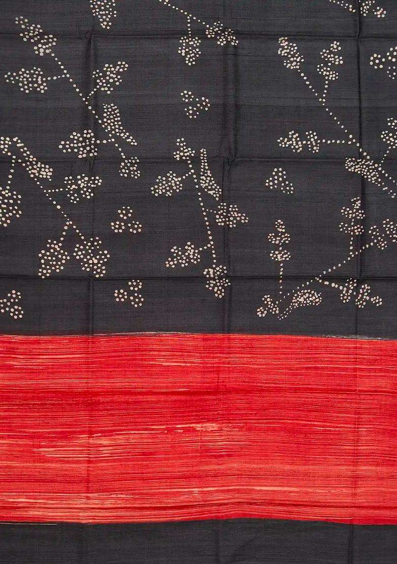 Black Handloom Tussar Silk Saree With Printed Shibori Motifs For Women - Indya