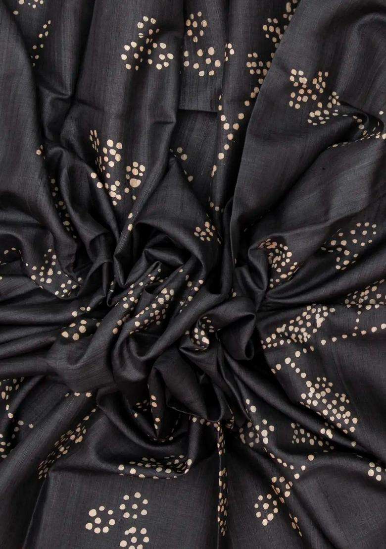 Black Handloom Tussar Silk Saree With Printed Shibori Motifs For Women - Indya