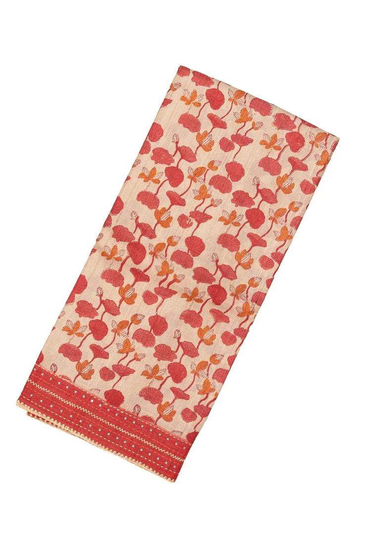Cream Handloom Tussar Silk Saree With Printed Geometric Motifs For Women - Indya