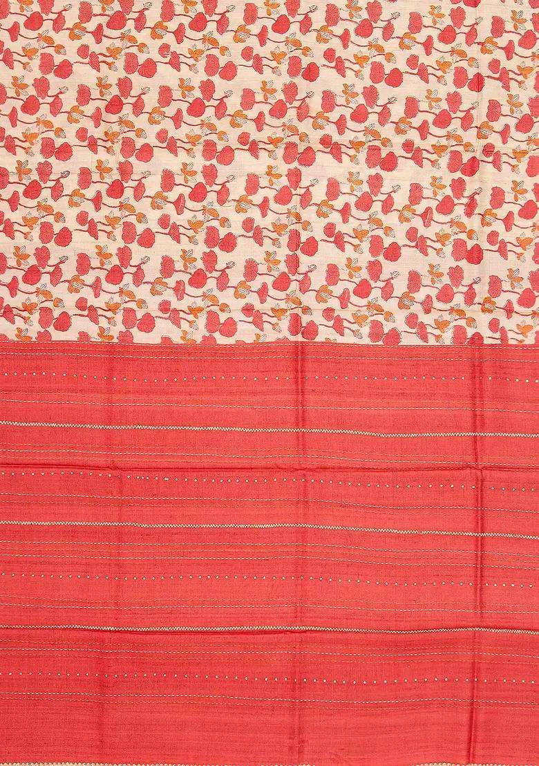 Cream Handloom Tussar Silk Saree With Printed Geometric Motifs For Women - Indya