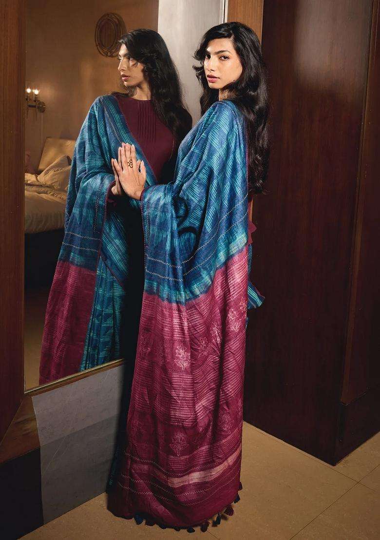 Indigo Handloom Tussar Silk Saree With Printed Geometric Motifs For Women - Indya