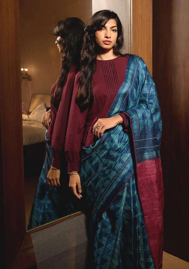 Indigo Handloom Tussar Silk Saree With Printed Geometric Motifs For Women - Indya