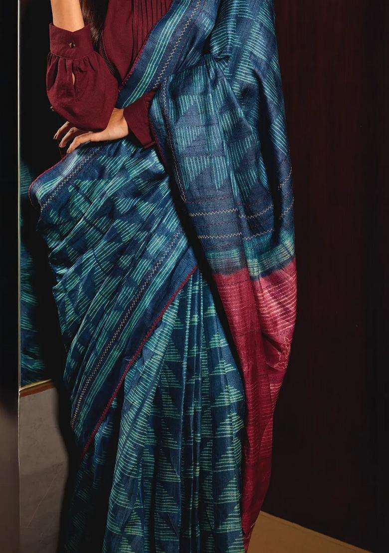 Indigo Handloom Tussar Silk Saree With Printed Geometric Motifs For Women - Indya