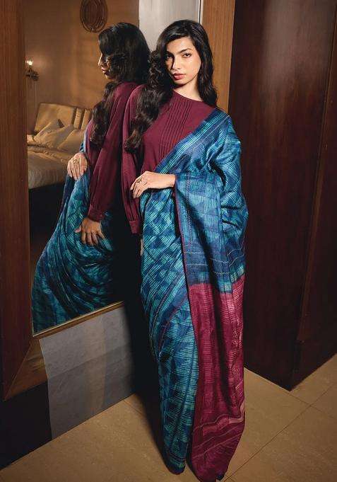 Indigo Handloom Tussar Silk Saree With Printed Geometric Motifs For Women