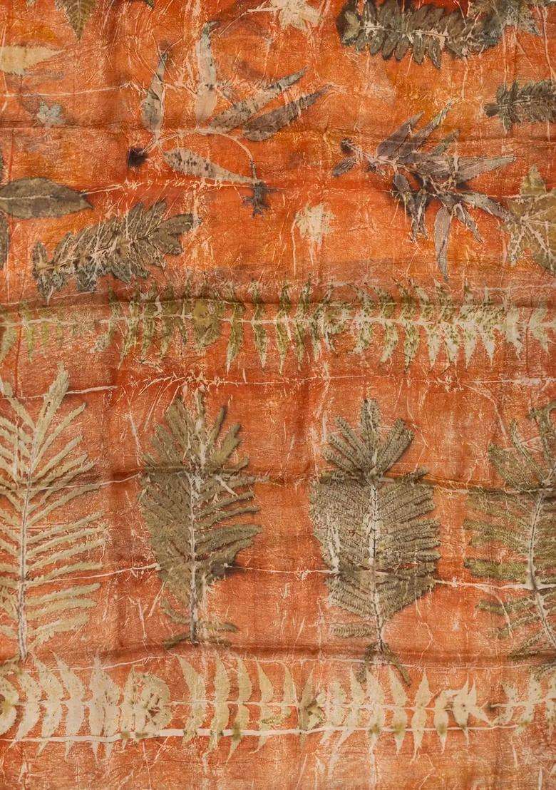 Rust Handloom Tussar Silk Saree With Eco Printed Floral Motifs For Women - Indya