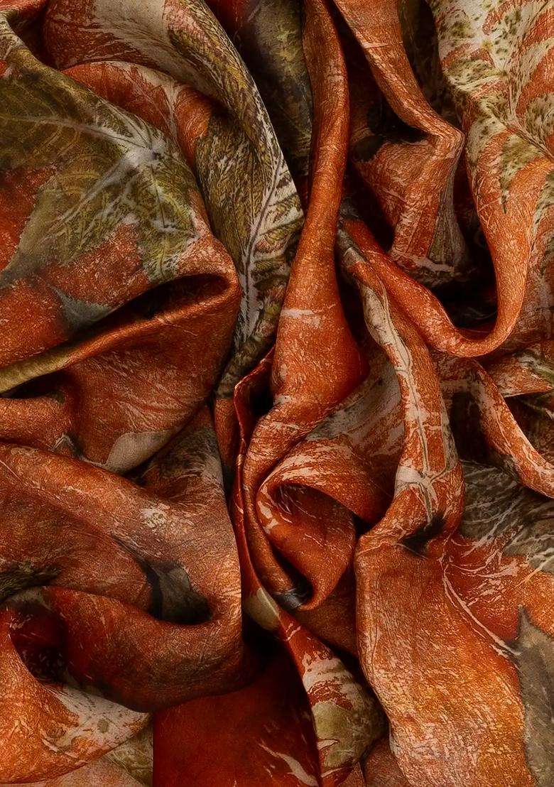Rust Handloom Tussar Silk Saree With Eco Printed Floral Motifs For Women - Indya