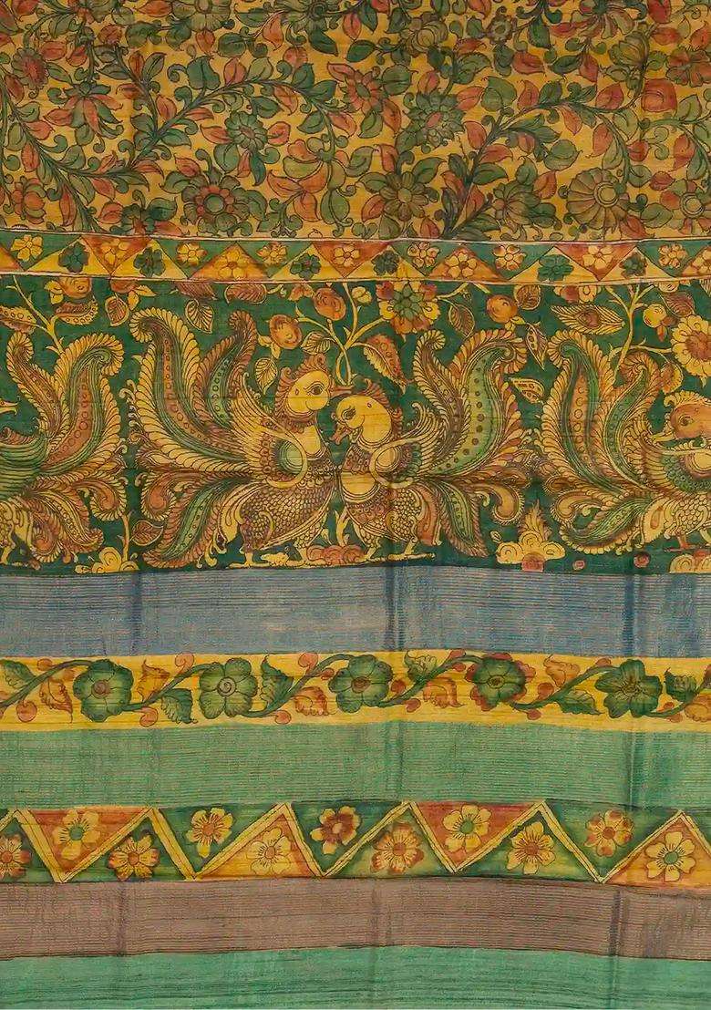Mustard Handloom Tussar Silk Saree With Kalamkari Printed Motifs For Women - Indya