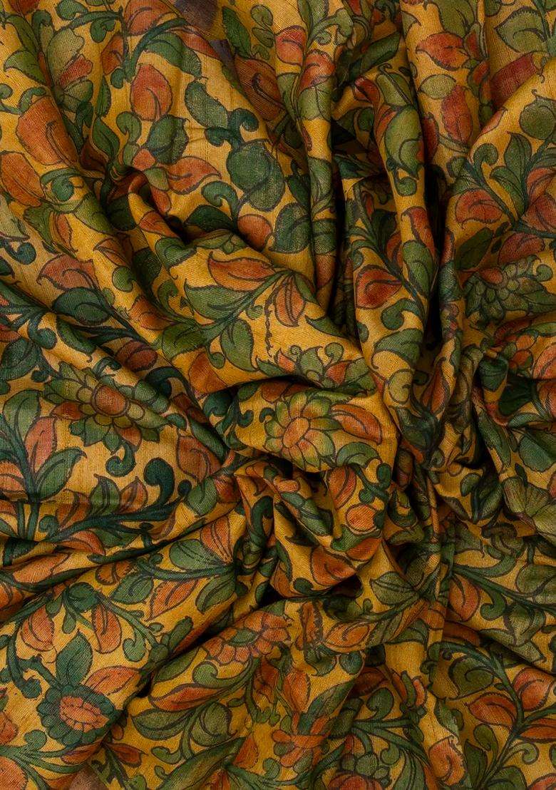Mustard Handloom Tussar Silk Saree With Kalamkari Printed Motifs For Women - Indya