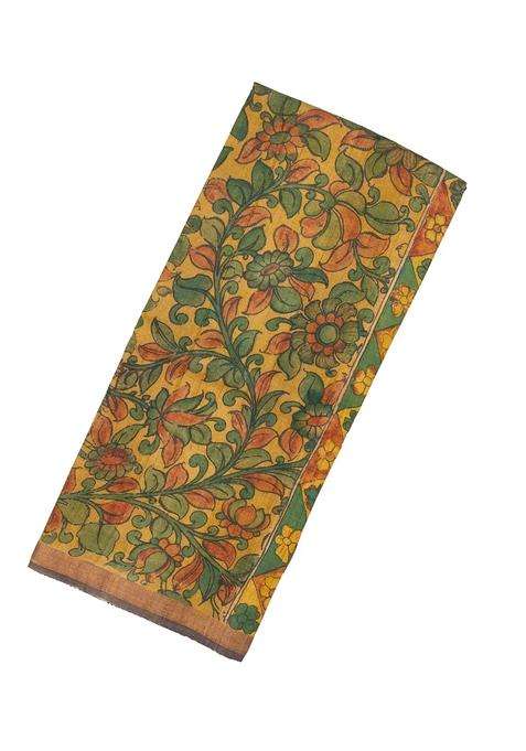 Mustard Handloom Tussar Silk Saree With Kalamkari Printed Motifs For Women