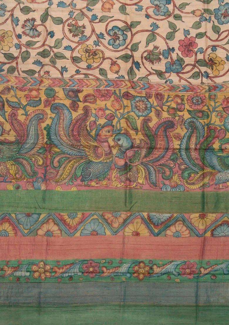 Light Peach Handloom Tussar Silk Saree With Kalamkari Printed Motifs For Women - Indya